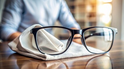 A soft, white cloth lies crumpled on a tidy desk, beside a pair of spotless glasses, awaiting its next use.