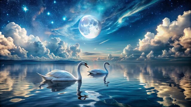 Serenene nighttime seascape with majestic swans gliding on calm waters under a moonlit sky filled with puffy clouds and twinkling stars.