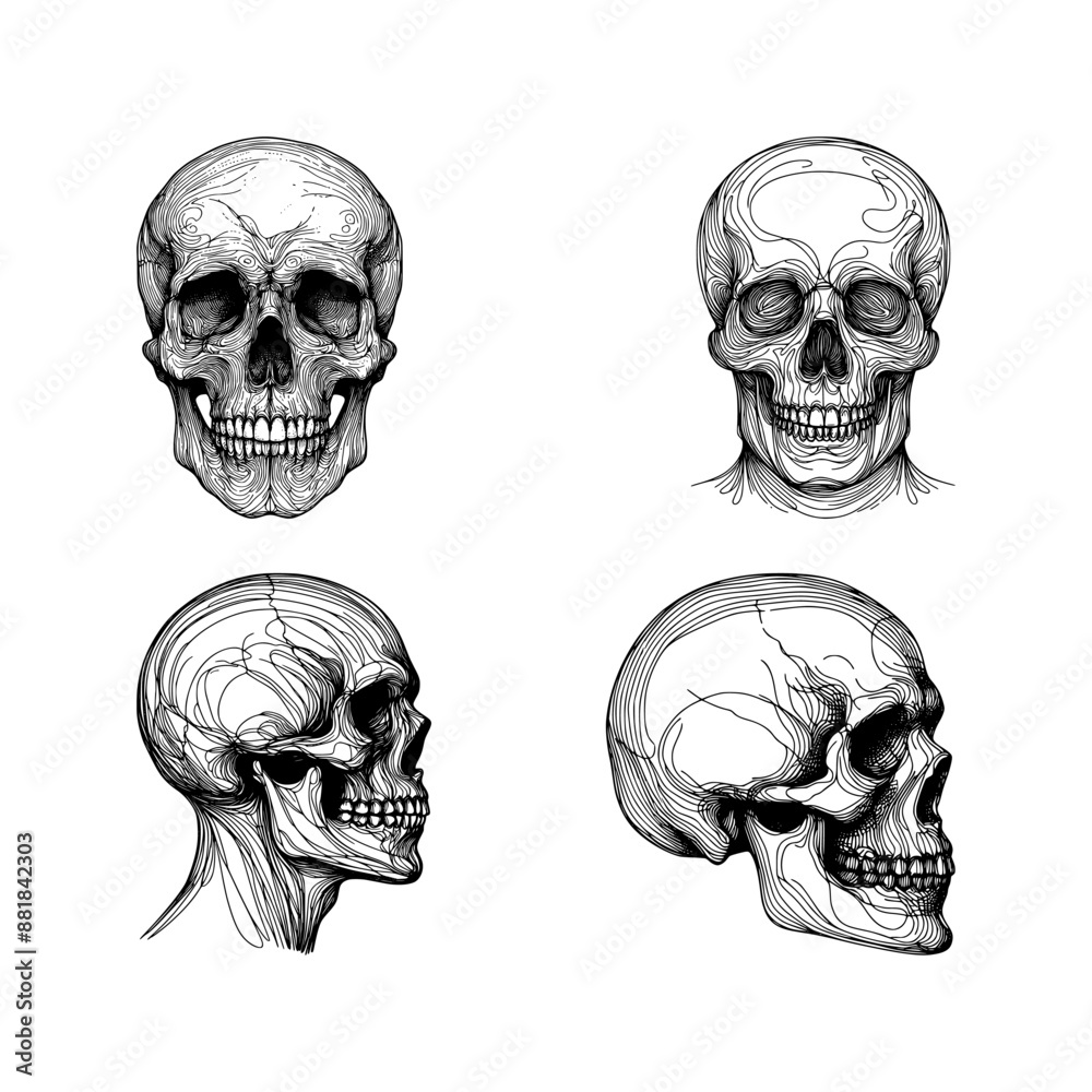 Wall mural vector set of human skull - line drawing sketch (artwork 2)