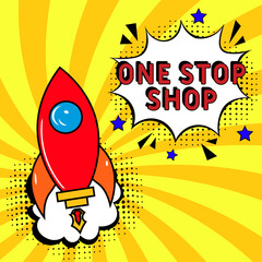 One stop shop Comic pop-art style. Contest pop art comic style. Can be used for business, marketing and advertising.
