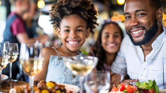 Family enjoying a casual dinner with an educator recounting the day's highlights Stock Photo with copy space