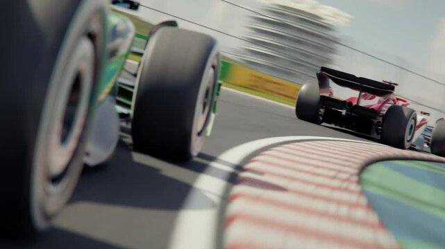 Dynamic drone shot following two generic formula one race cars. Low angle view. Drone moving from side to side. 3D animation rendering