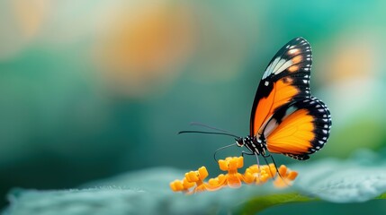 Fototapeta premium A graceful butterfly with delicate black and orange markings perched on vibrant orange flowers in a soft-focus garden, capturing a moment of natural beauty and tranquility.
