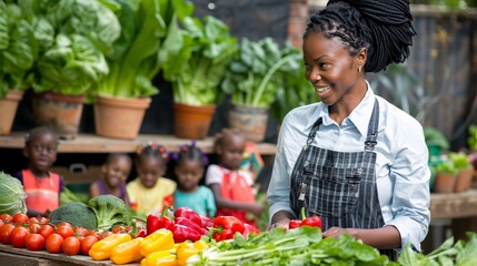 Family dinner featuring an educator teaching kids about nutrition Stock Photo with copy space