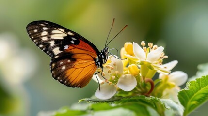 Naklejka premium A striking butterfly with black and orange wings calmly rests on a cluster of delicate white flowers, surrounded by lush green leaves, exuding a tranquil and serene atmosphere.
