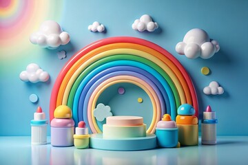 Adorable baby products displayed on a colorful 3D cloud podium against a bright blue background with a rainbow, perfect for a playful product presentation.