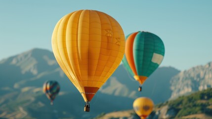 Obraz premium This stunning photograph captures colorful hot air balloons gliding majestically over breathtaking mountainous landscapes, highlighting a serene and adventurous atmosphere.