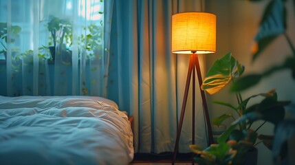 A wooden floor lamp with warm light illuminating the room, placed next to an unmade bed in a bedroom with blue walls and curtains on one side