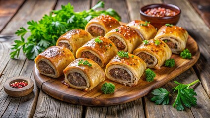 Golden brown baked sausage rolls arranged artfully on a rustic wooden platter surrounded by fresh parsley and cracked pepper.