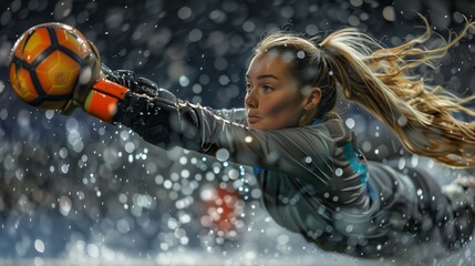 An action shot shows a female soccer player diving to make a save, with her long blonde hair flowing behind her and holding the ball in her hand