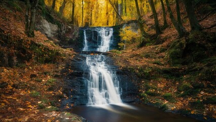 Fototapeta premium Amidst the vibrant hues of autumn, a serene waterfall cascades down, creating a symphony of sound and sight