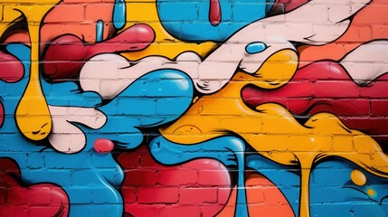 A vibrant graffiti mural featuring bold, colorful, abstract forms and complex shapes rendered on a brick wall, exemplifying urban art and street creativity.