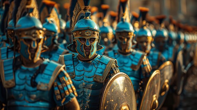 Cinematic photo of the Roman army wearing blue armor and helmets with golden accents, holding shields in line formation during battle