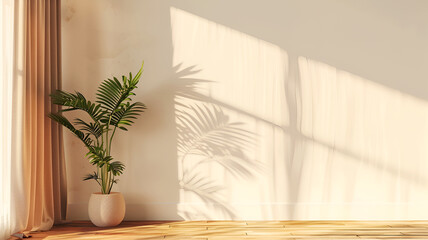 Plant Mockup Against a White Wall with Brown Curtain and Wooden Floor