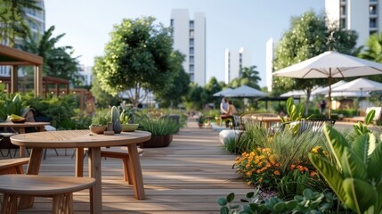 A picturesque outdoor seating area featuring wooden tables and chairs set amidst vibrant greenery and blooming flowers, perfect for relaxation and social gatherings.