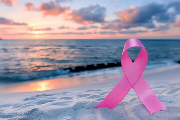 Pink ribbon on a serene beach at sunrise, cancer awareness, hope and resilience