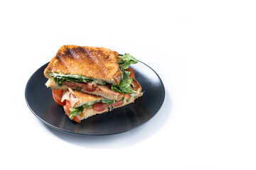 Healthy spinach, tomato and cheese sandwich isolated on white background. Copy space