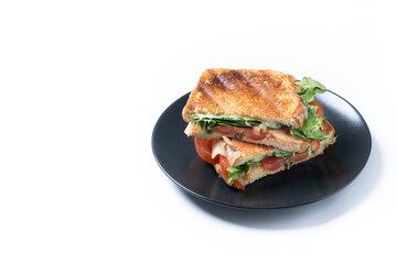 Healthy spinach, tomato and cheese sandwich isolated on white background. Copy space