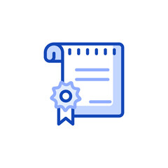 Vector outline icon depicting a certificate or diploma of completion of school, course with a medal.