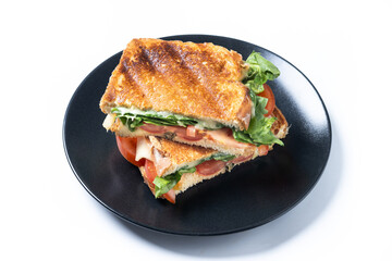 Healthy spinach, tomato and cheese sandwich isolated on white background. 