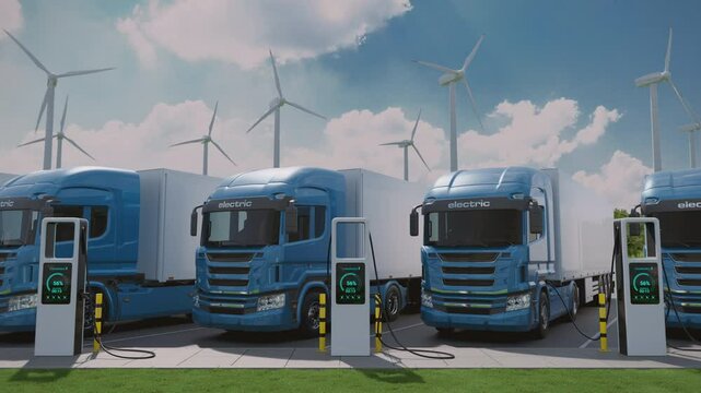 A row of blue generic electric long-haul semi trucks with cargo trailer charging at a parking lot along the road. Future technology and sustainable business concept. Realistic 3d animation rendering