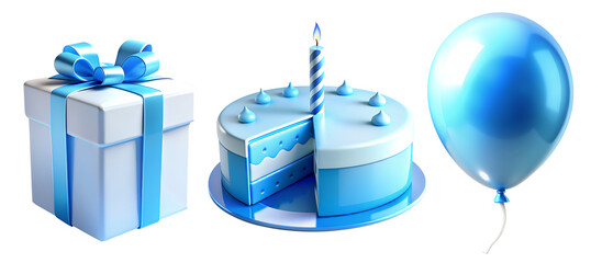 Set of blue 3D decorations for a boy's birthday isolated on a transparent background. Toy plastic three-dimensional holiday icons for a children's party. Balloons, gift box, cake.