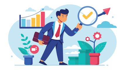 Fototapeta premium Businessman with Magnifying Glass Analyzing Long Tail Keywords, Representing Niche Market SEO Strategy