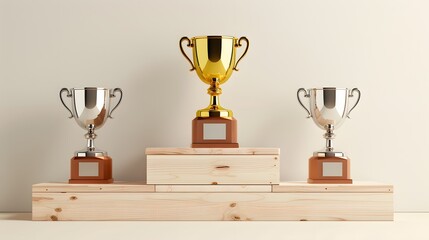 High-resolution image of a gold trophy placed on the highest step of a winner podium, flanked by silver and bronze trophies on the lower steps, symbolizing first, second, and third place.