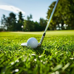 Top view of two men playing golf on a sunny summer day. Aerial view of the green golf course. Hitting the ball with a golf stick. An active type of recreation. Golf car. Generative AI
