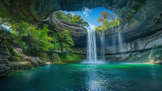 Water falling from the sky into an underground cave pool in Texas. A lake formed as a waterfall flowing from inside a cave pool. It is a beautiful natural landscape. Amazing view - Powered by Adobe