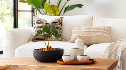 A modern living room featuring a white sofa adorned with beige pillows, a wooden coffee table with decorative plants, and large green houseplants in the background.