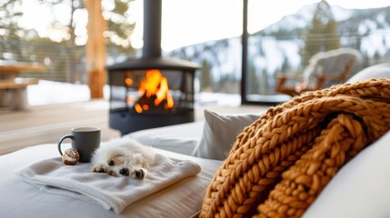 A beautifully cozy scene featuring a roaring fireplace, with a fluffy blanket and a steaming mug of coffee, offering a perfect setting for warmth and relaxation.