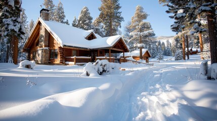 A rustic log cabin sits charmingly in a snowy clearing surrounded by tall pine trees and bathed in the sunlight of a clear blue sky, evoking serenity and simplicity.
