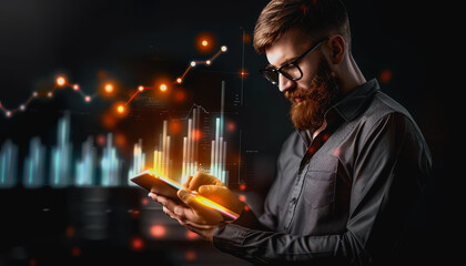 Advanced business with holographic interface showing data visualizations