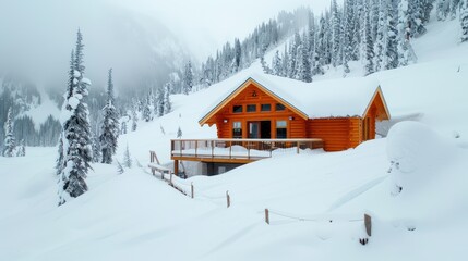Fototapeta premium A contemporary log cabin sits amidst a heavy snowfall in a picturesque mountain setting, capturing the beauty and stillness of a winter wonderland in a serene natural environment.