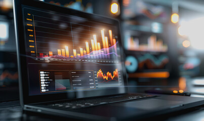 High-tech workspace with professional using holographic tablet for data analysis