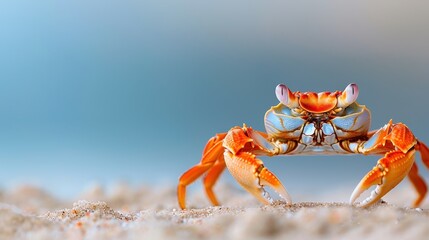 Fototapeta premium A bright orange crab stands out at the shore with a beautifully blurred blue sea backdrop, capturing the contrast between the vibrant crab and serene ocean setting.