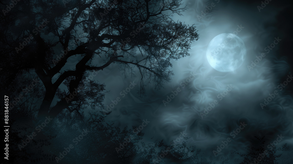 Wall mural silhouette of tree branches against a full moon in a foggy night sky. mystical atmosphere, halloween