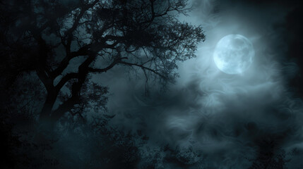 Silhouette of tree branches against a full moon in a foggy night sky. Mystical atmosphere, Halloween, nature background, nighttime scene, eerie ambiance, dark forest.