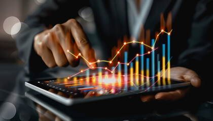 Professional analyzing dynamic charts on futuristic holographic tablet