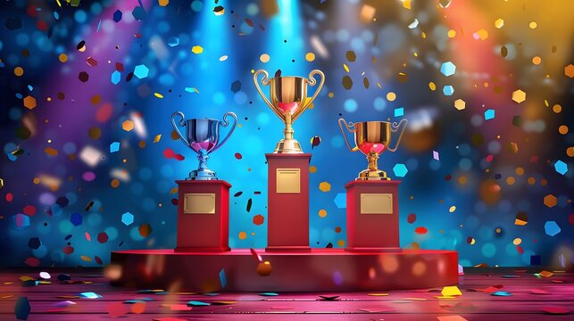 Sports podium with athletes standing on each level, holding their respective trophies (gold, silver, and bronze), with a vibrant stage background.