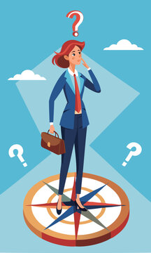 Confused Businesswoman Standing on Compass, Struggling to Choose Direction, Lost and Uncertain About Career Path Concept