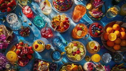 Colorful fruits, drinks, and desserts create a festive summer table setting
