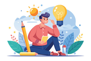 Obraz premium Creative Man Holding Pencil, Thinking About Innovative Ideas and Solutions on Illuminated Lightbulb