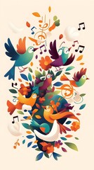 Playful Cartoon Jazz Birds Surrounded by Whimsical Musical Symbols