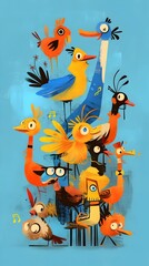 Vibrant Cartoon Jazz Birds Amid Minimalist Musical Symbols