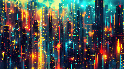 Obraz premium A digital painting of a futuristic city at night, with tall buildings illuminated by neon lights in various colors
