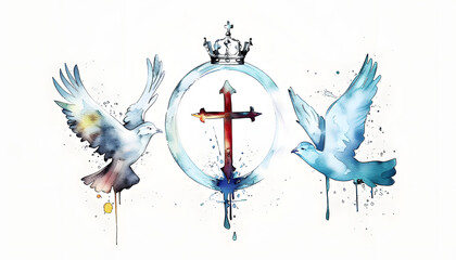 Holy Trinity symbols. Cross, crown and dove of Holy Spirit. Watercolor christian symbols against white background. Vector illustration.