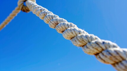 Detailed close-up of a taut white rope under a clear blue sky, representing the power of strength and the beauty of freedom