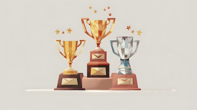 Digital artwork depicting a winner's podium with gold, silver, and bronze trophies prominently displayed, set against a gray background, symbolizing victory and achievement in sports.